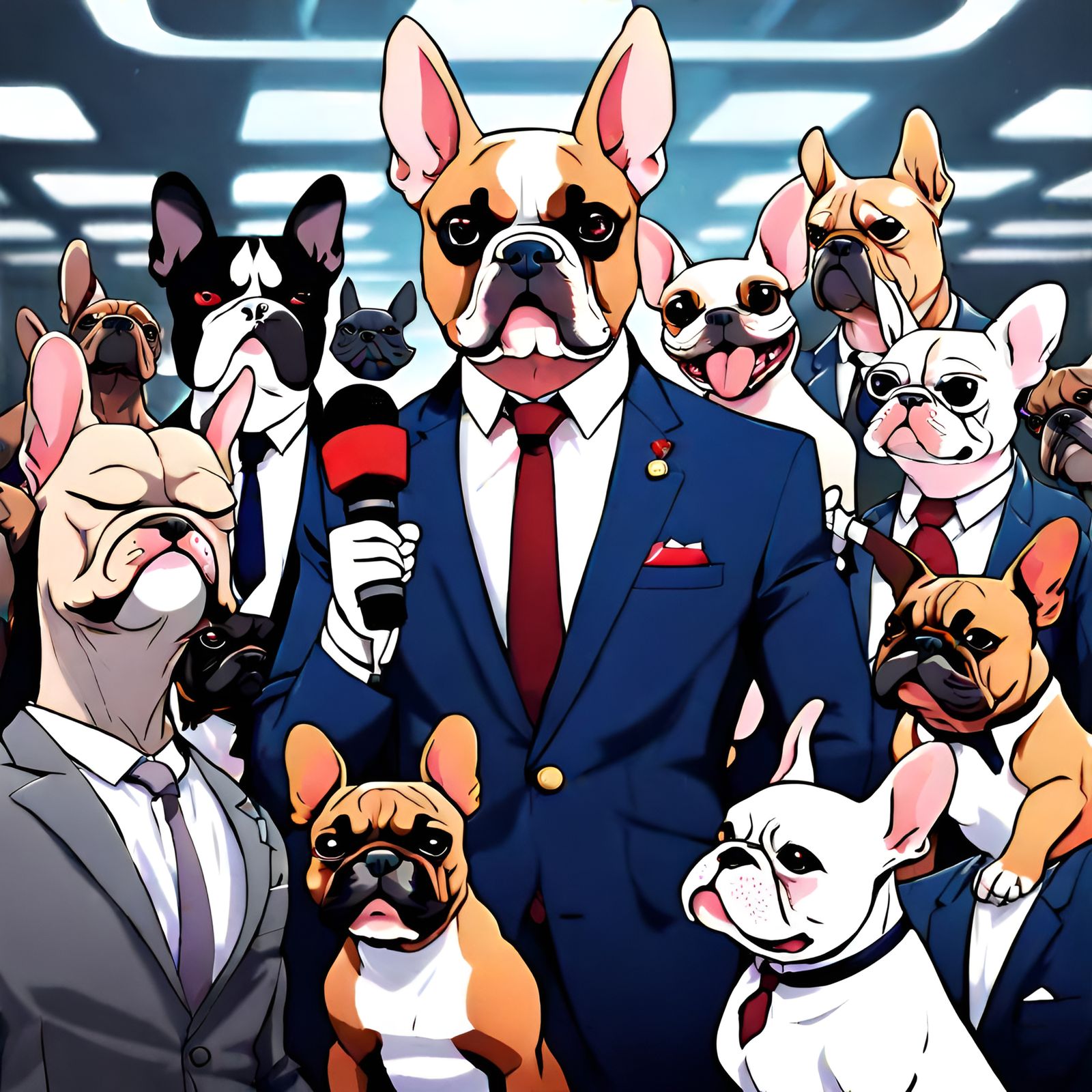 Dogs in Suits with Microphones in Anime Style