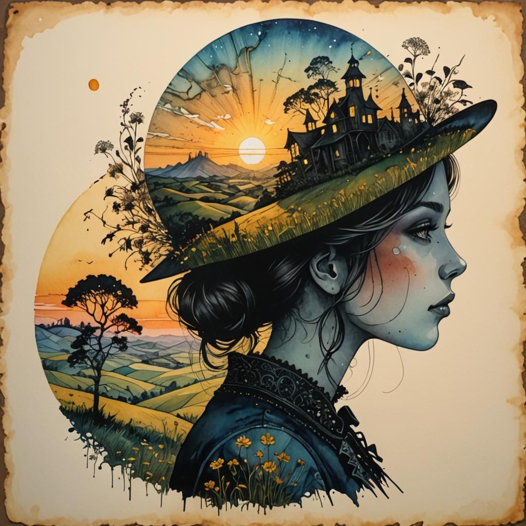 Double Exposure Flower Girl with Steampunk Landscape