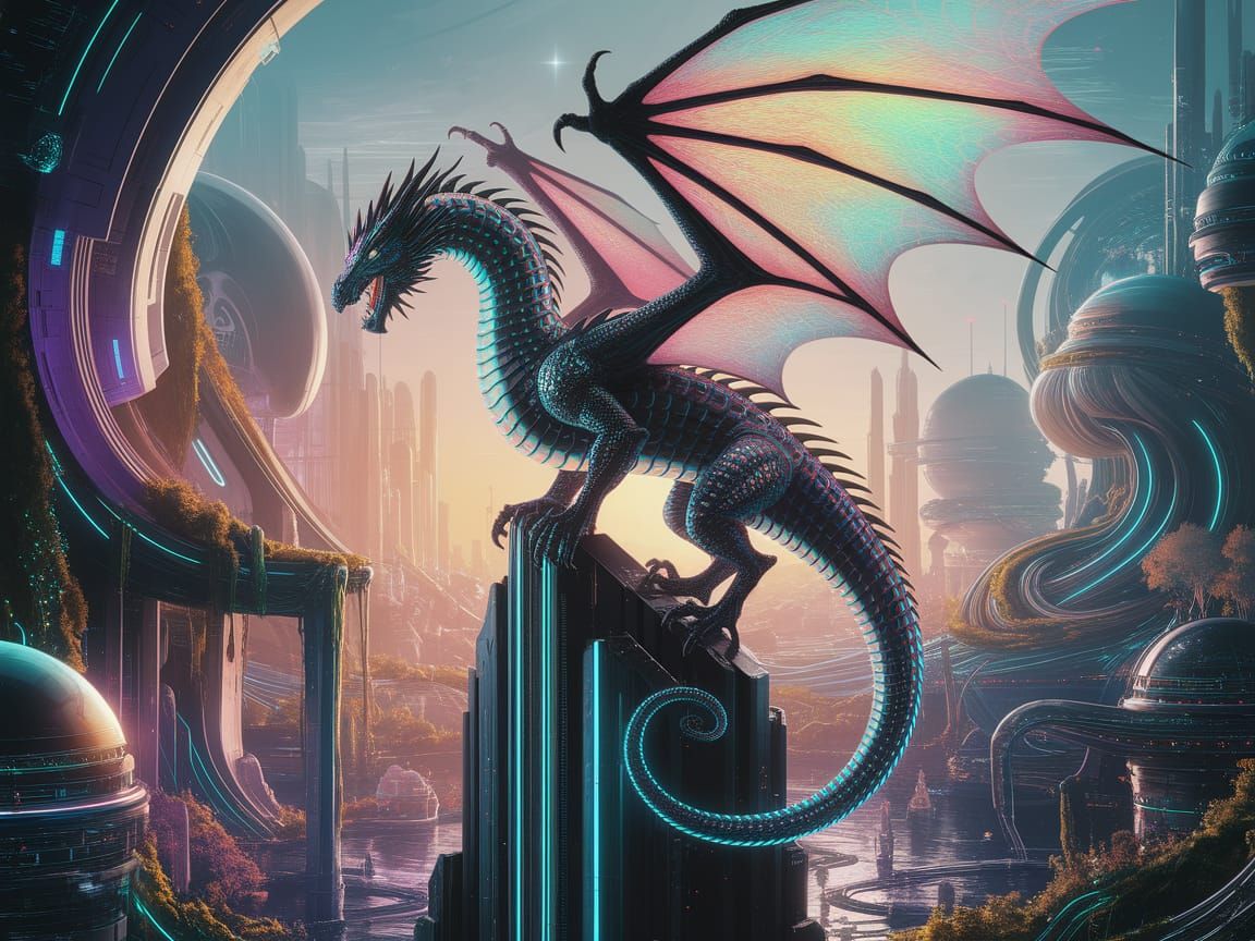 Bioluminescent Dragon Perched Atop Futuristic Skyscraper