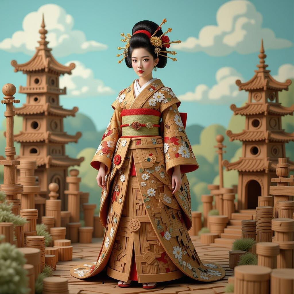 Wooden Woman in Fantasy Steampunk Landscape