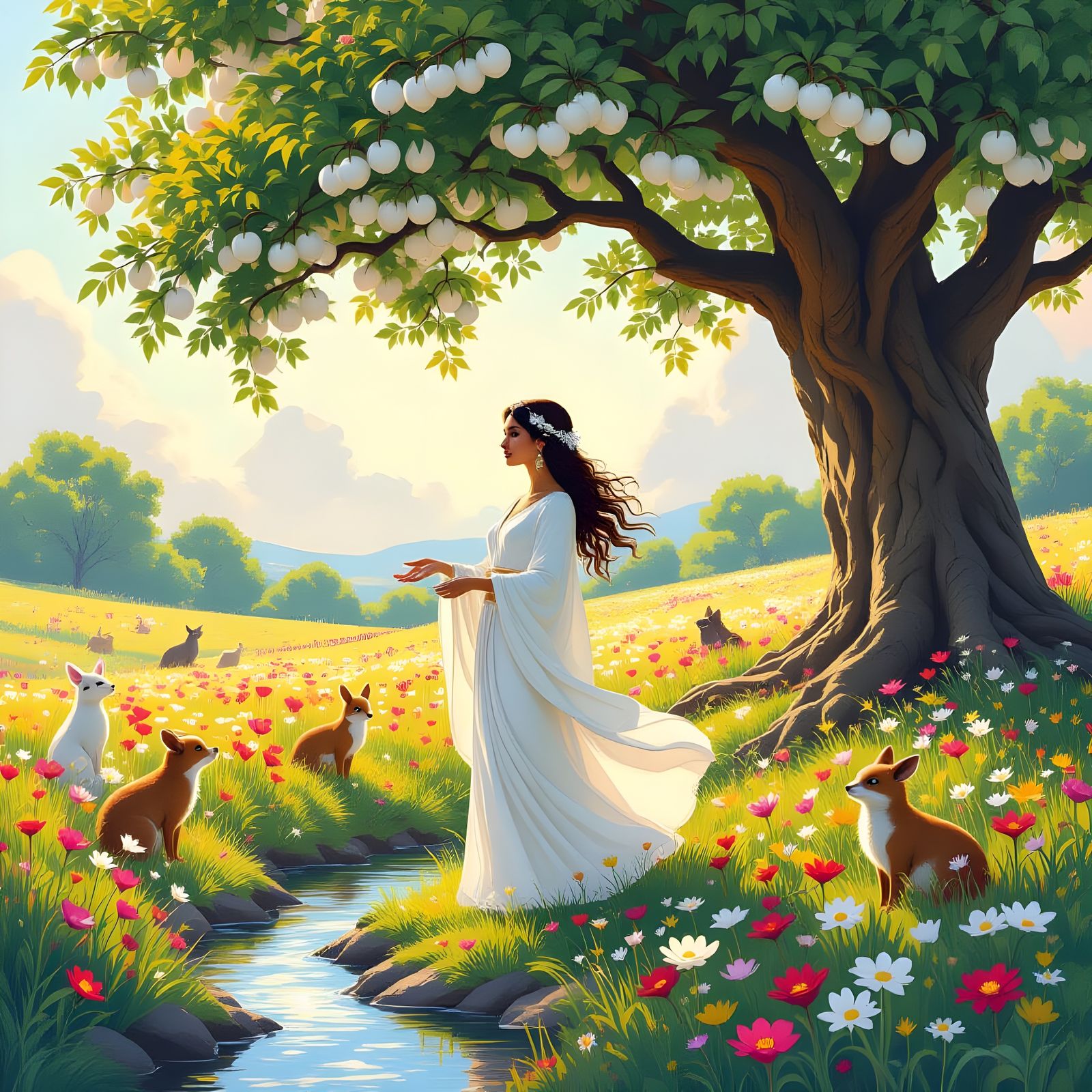 Goddess in Flower Field with Glowing Fruit and Animals