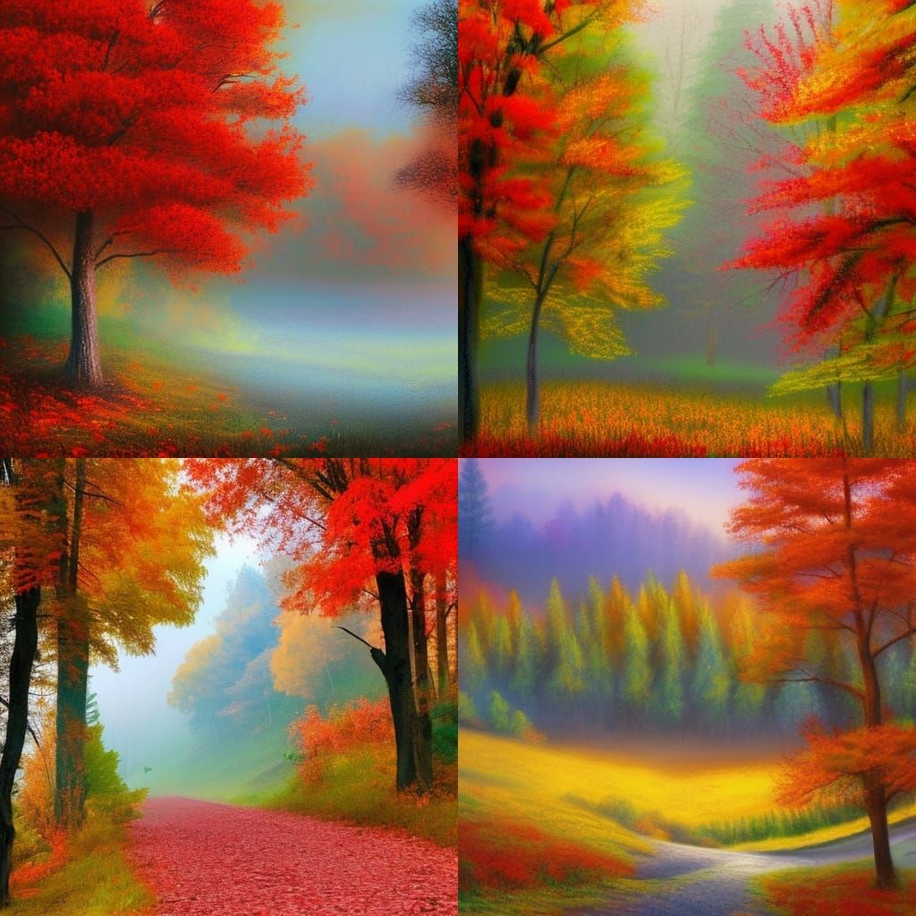 Vibrant Autumn Countryside with Red Mountains