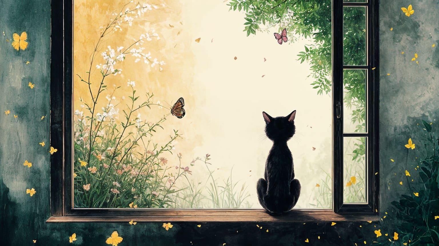 Whimsical Cat and Butterfly in a Vibrant, Impressionist Styl...