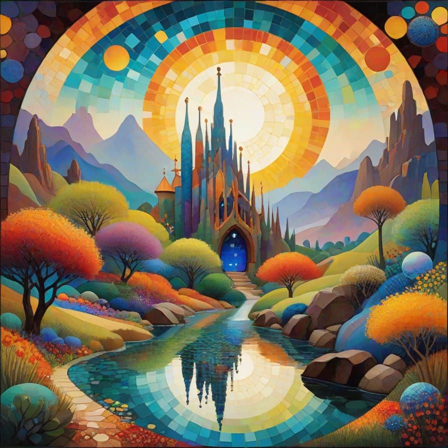 Dreamlike Landscape in Stained Glass Style