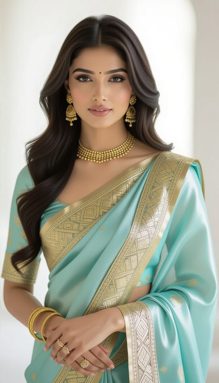 Indian Beauty in Metallic Saree, Cinematic Portrait