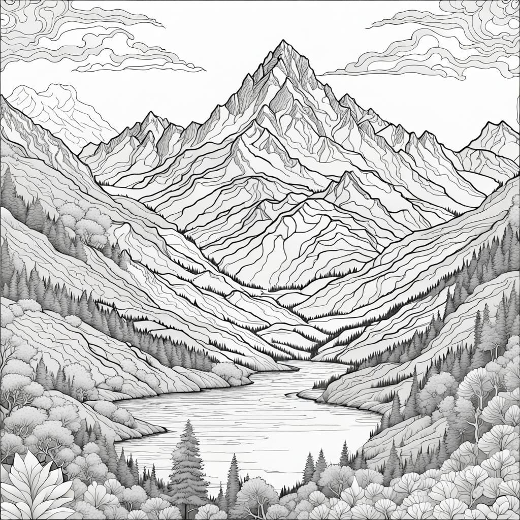 Fine Line Art of A Breathtaking Mountain Landscape