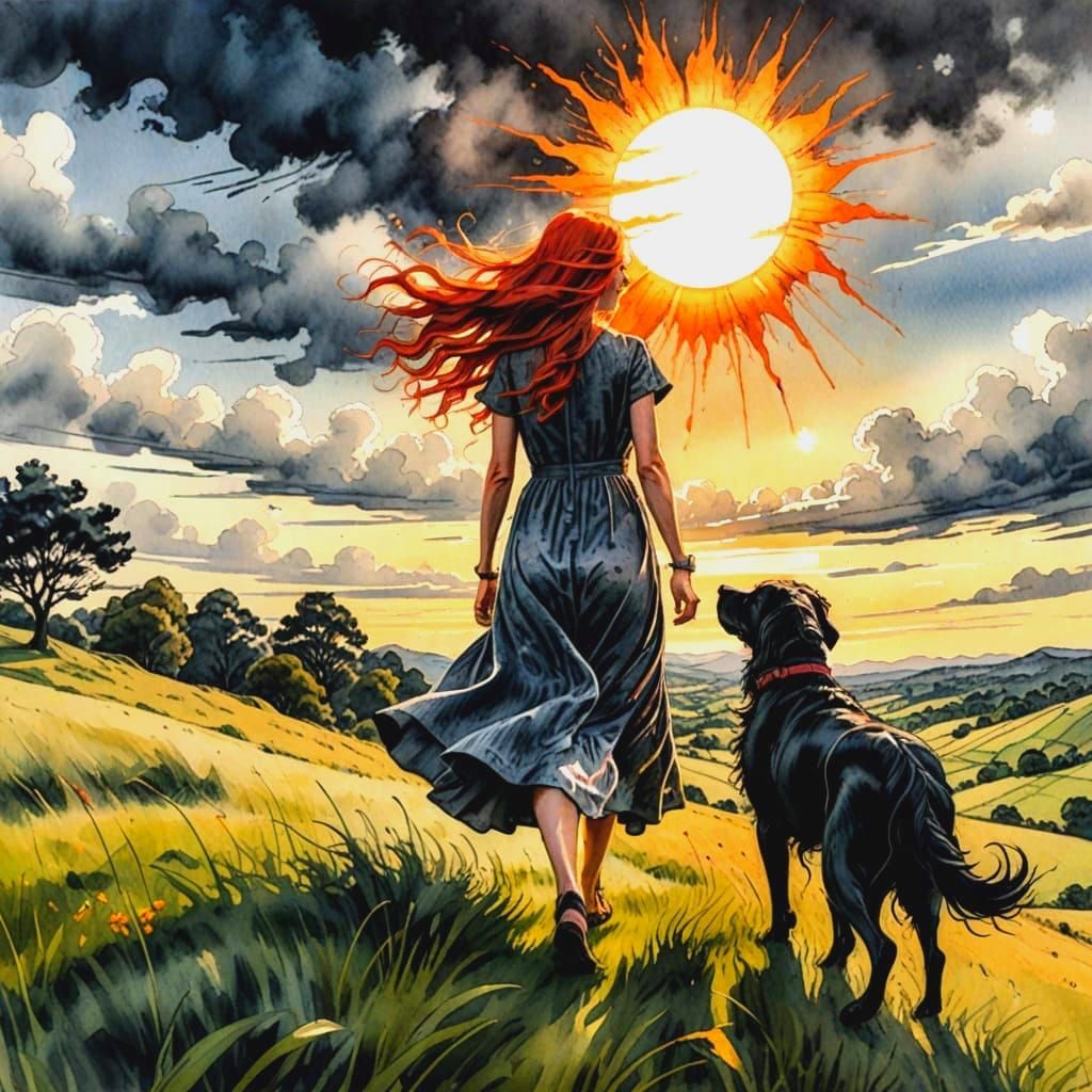 Ethereal Lady in Radiant Sunset Landscape