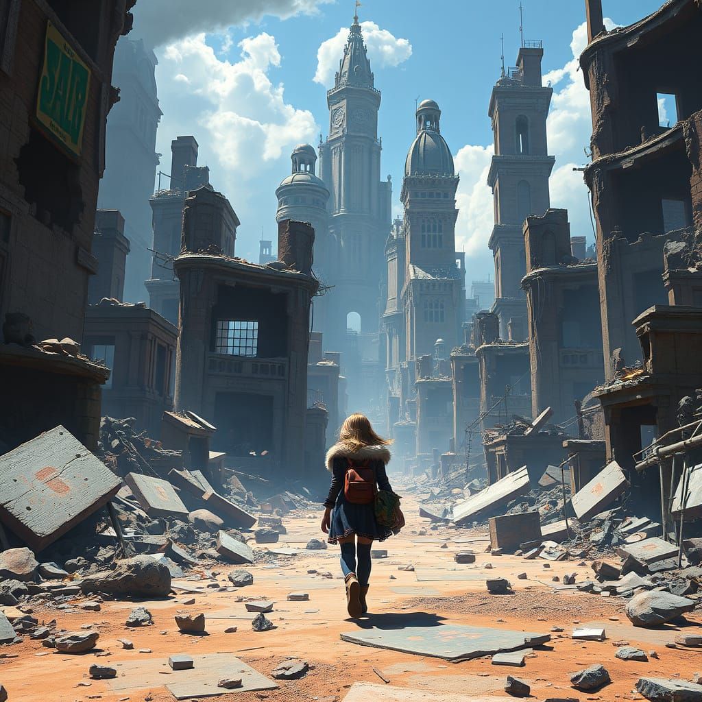 Girl Walks Through Ruins of a Fantastical City in a Vibrant,...