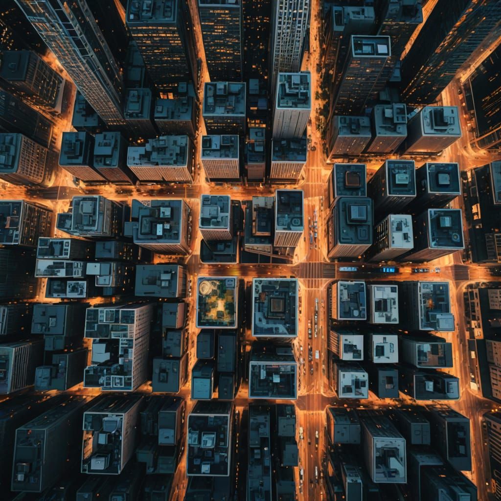 Golden Aerial View of a Glowing Metropolis