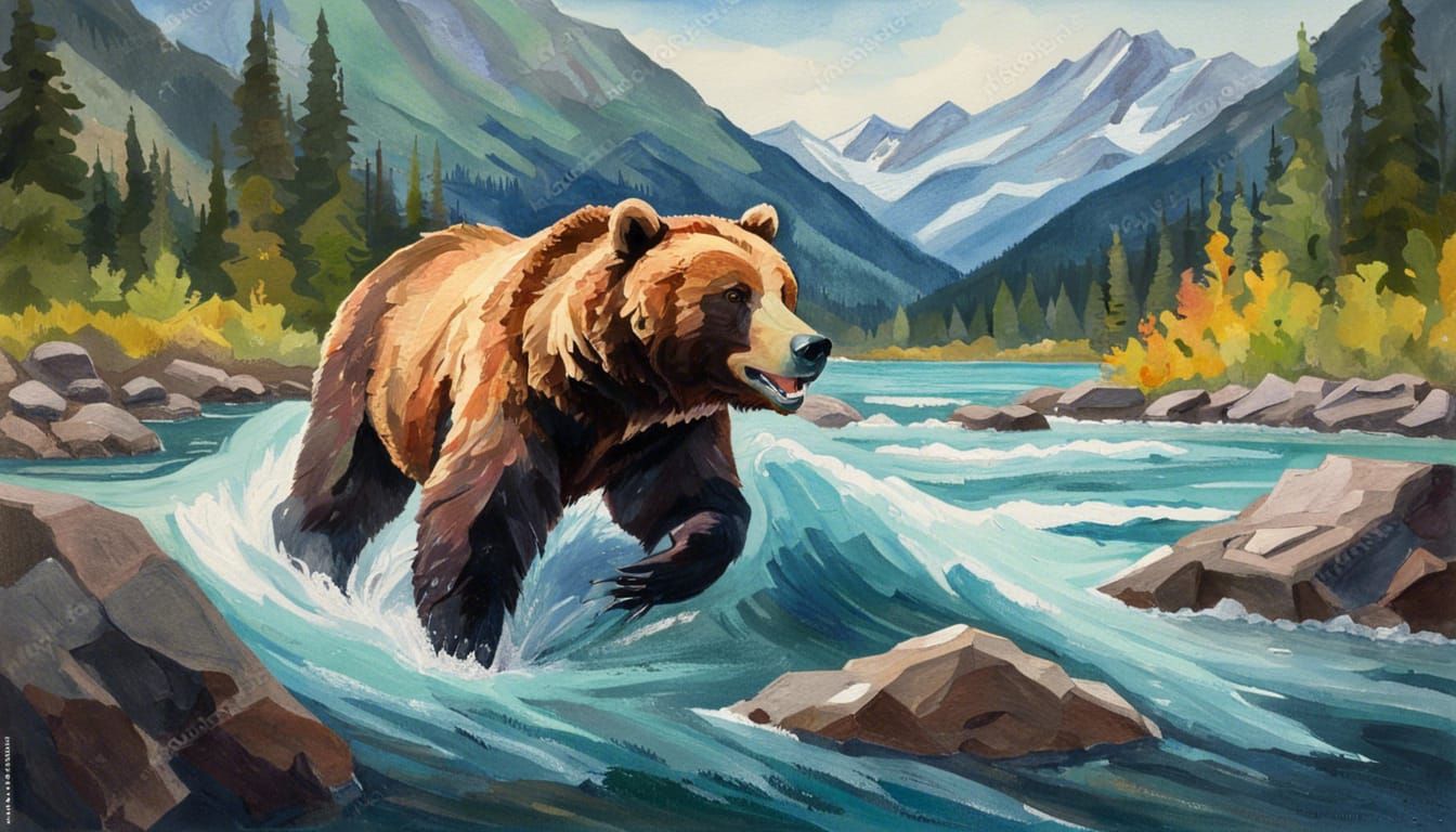 Grizzly Bear in Gouache Style Rocky Mountain Landscape
