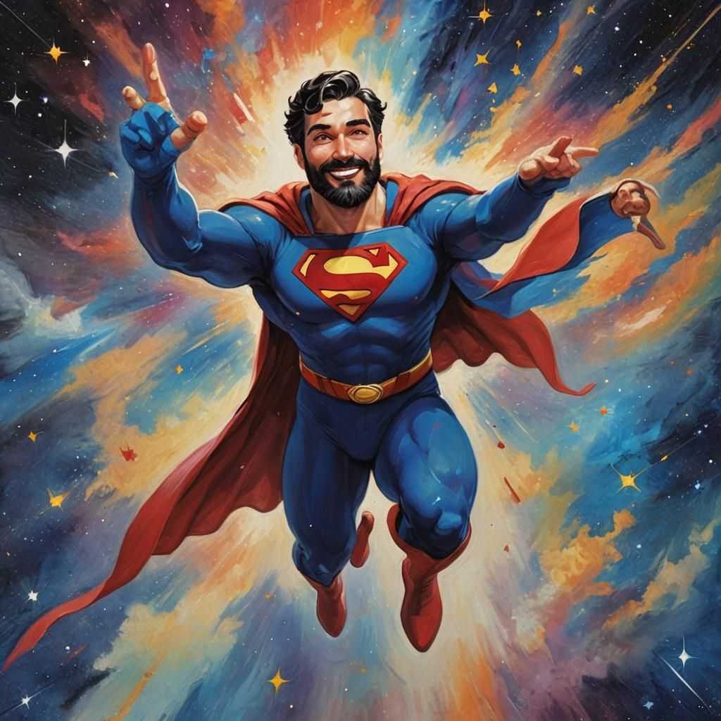 Cosmic Superman with Trimmed Beard, Impressionist Comic Art