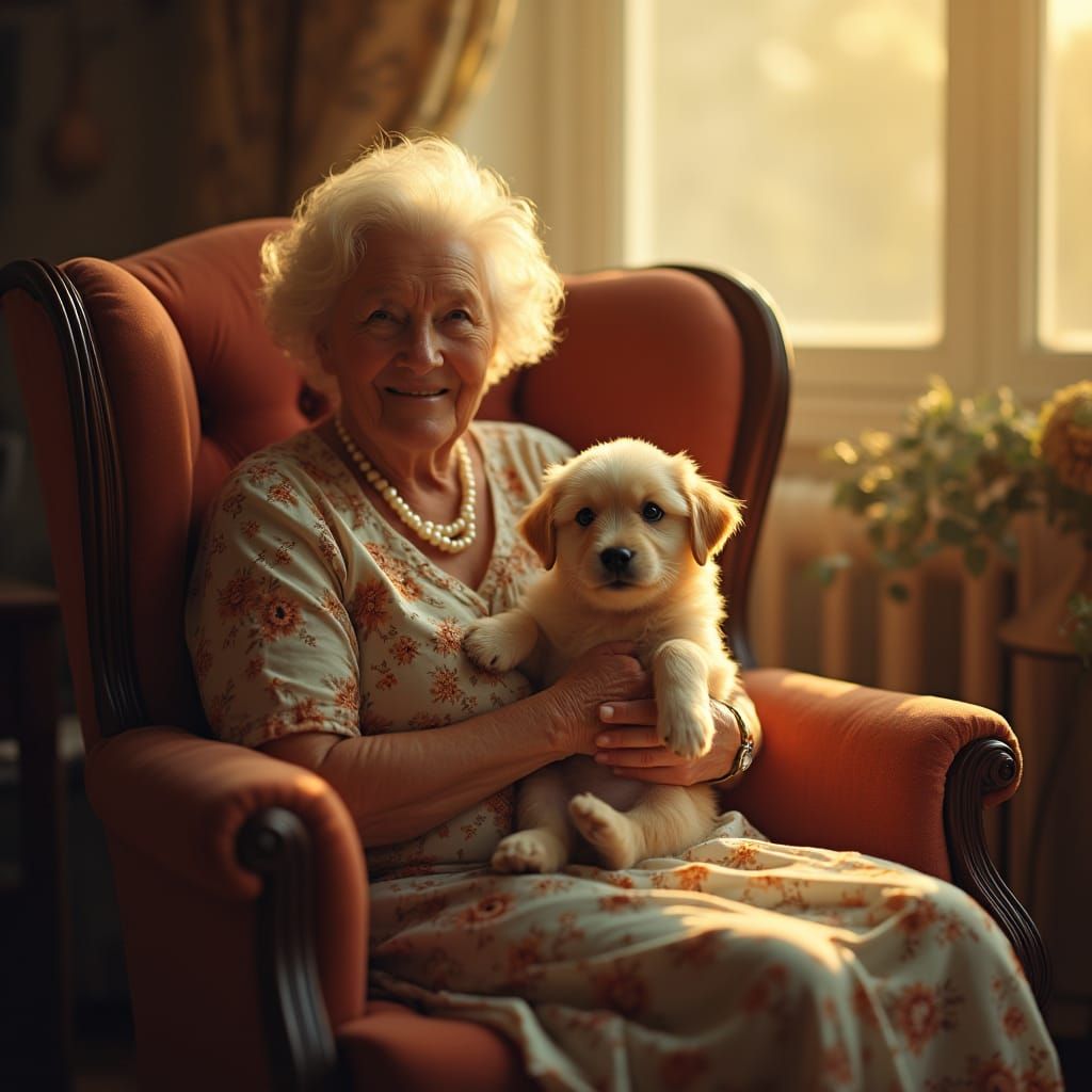 Golden Portrait of Elderly Lady with Puppy