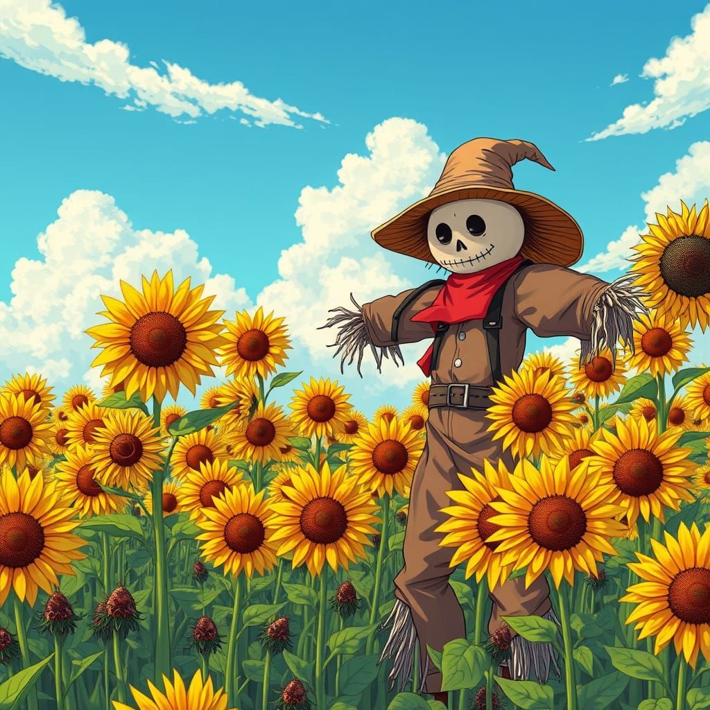 Vibrant Manga Scarecrow in a Sunflower Field