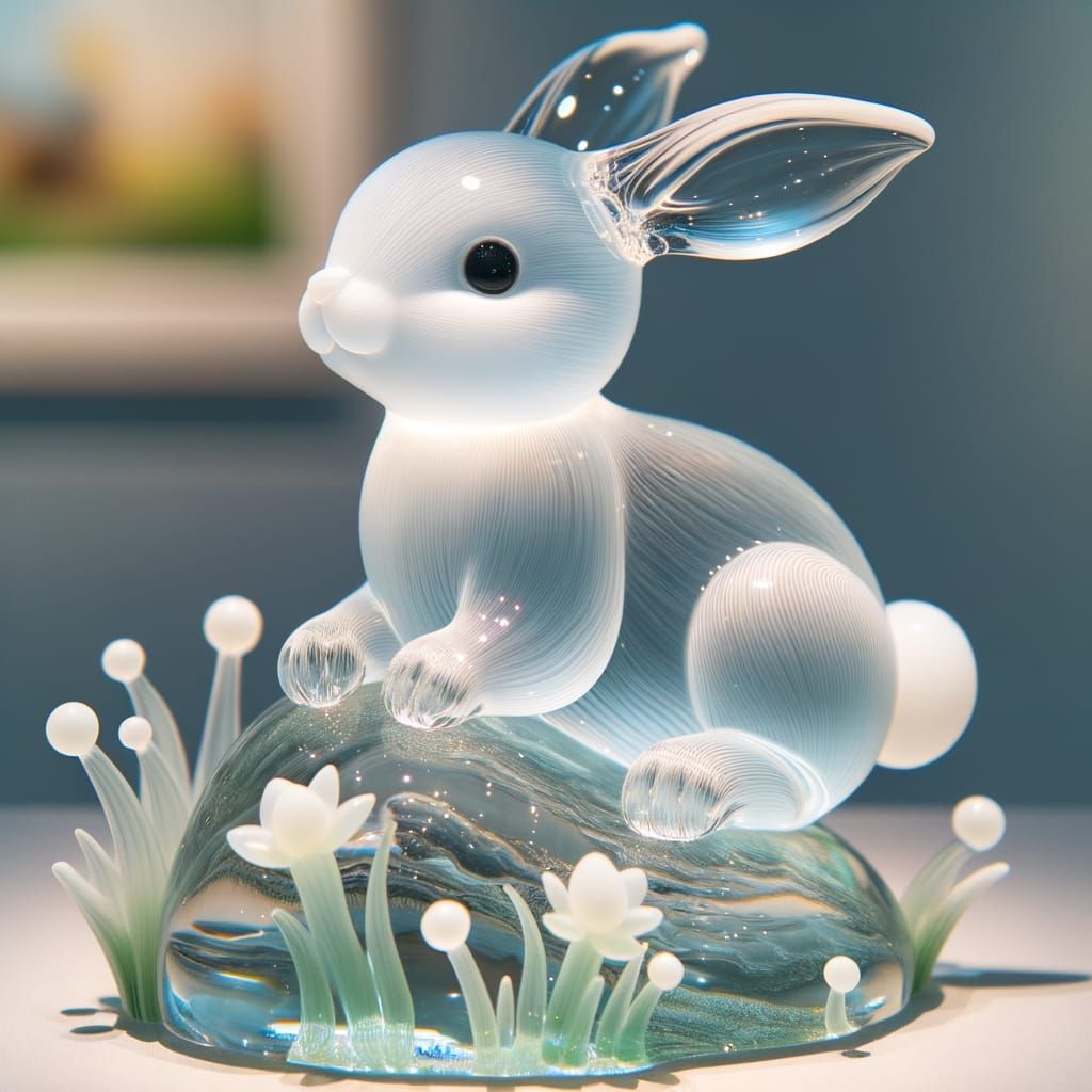 Translucent Glass Rabbit Sculpture on a Rock