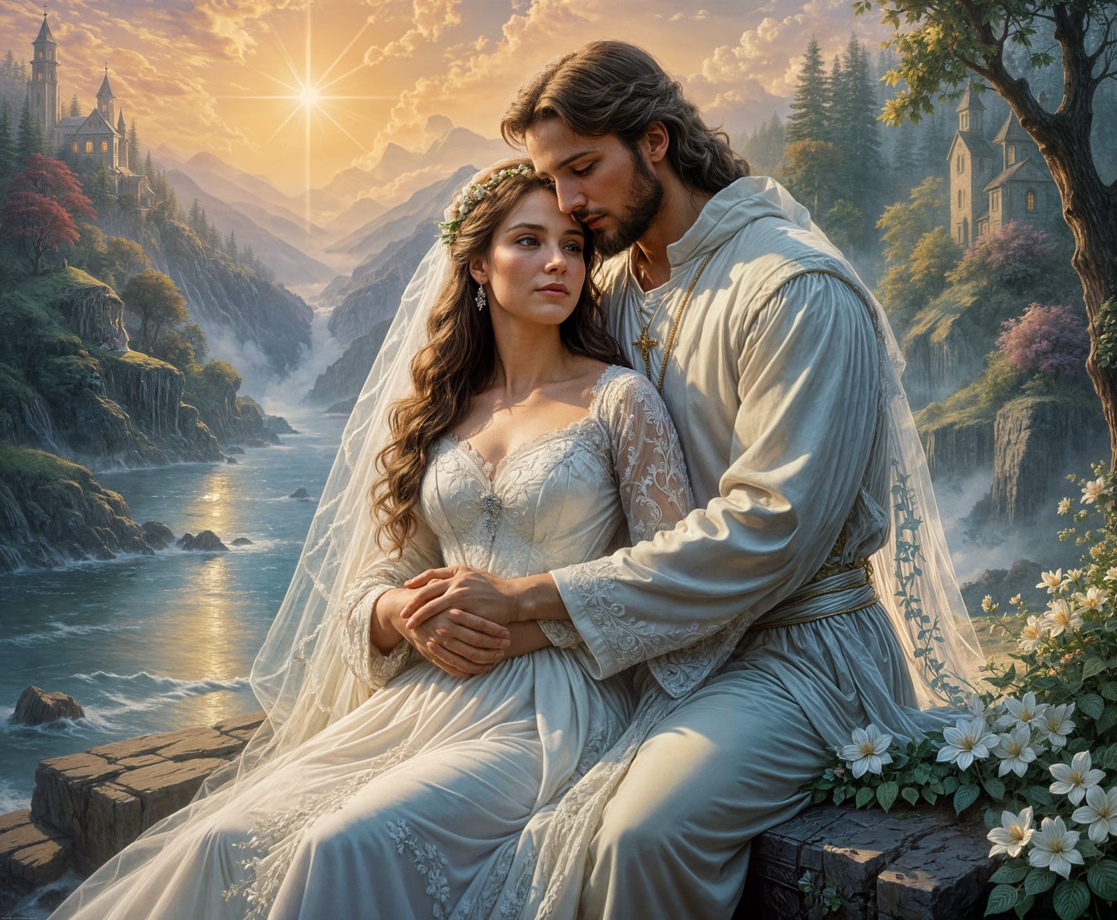 Bride Leaning on Jesus in Ethereal Fantasy Style