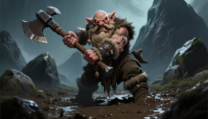 Angry Dwarf Barbarian Swings Ax on Slippery Mountain