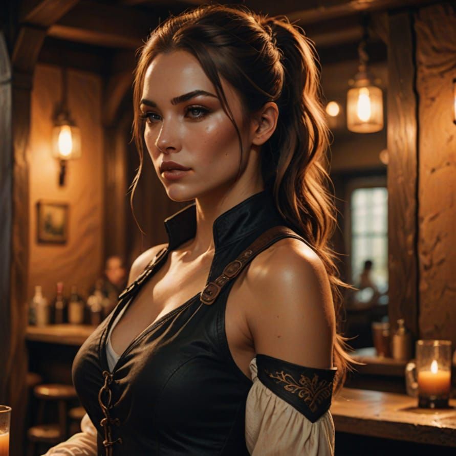 Glamorous Fantasy Rogue in Tavern Setting