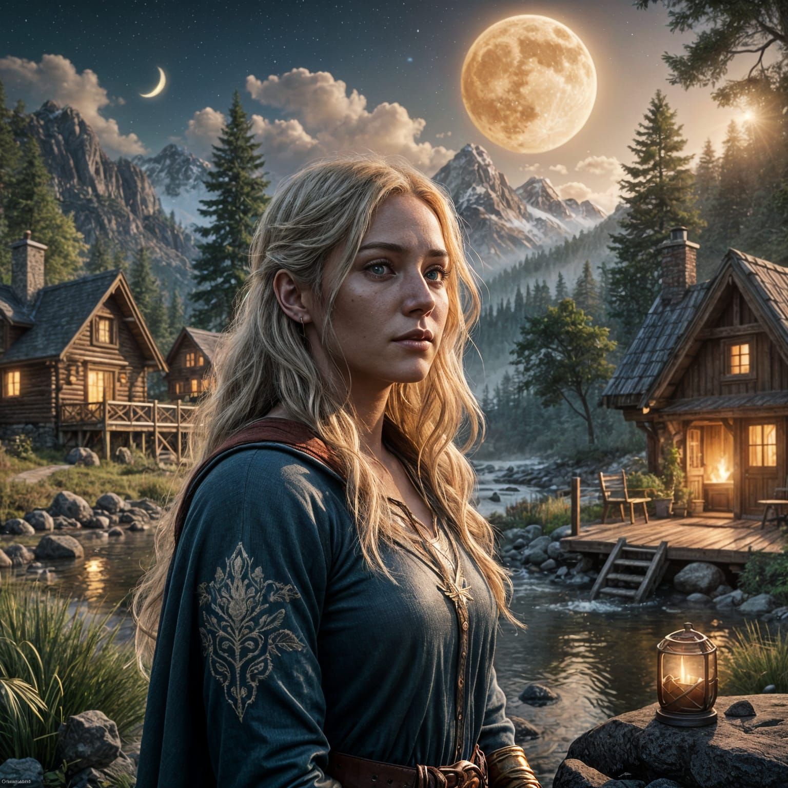 Super-Girl in Cozy Woodland Cabin Scene with Warm Firelight