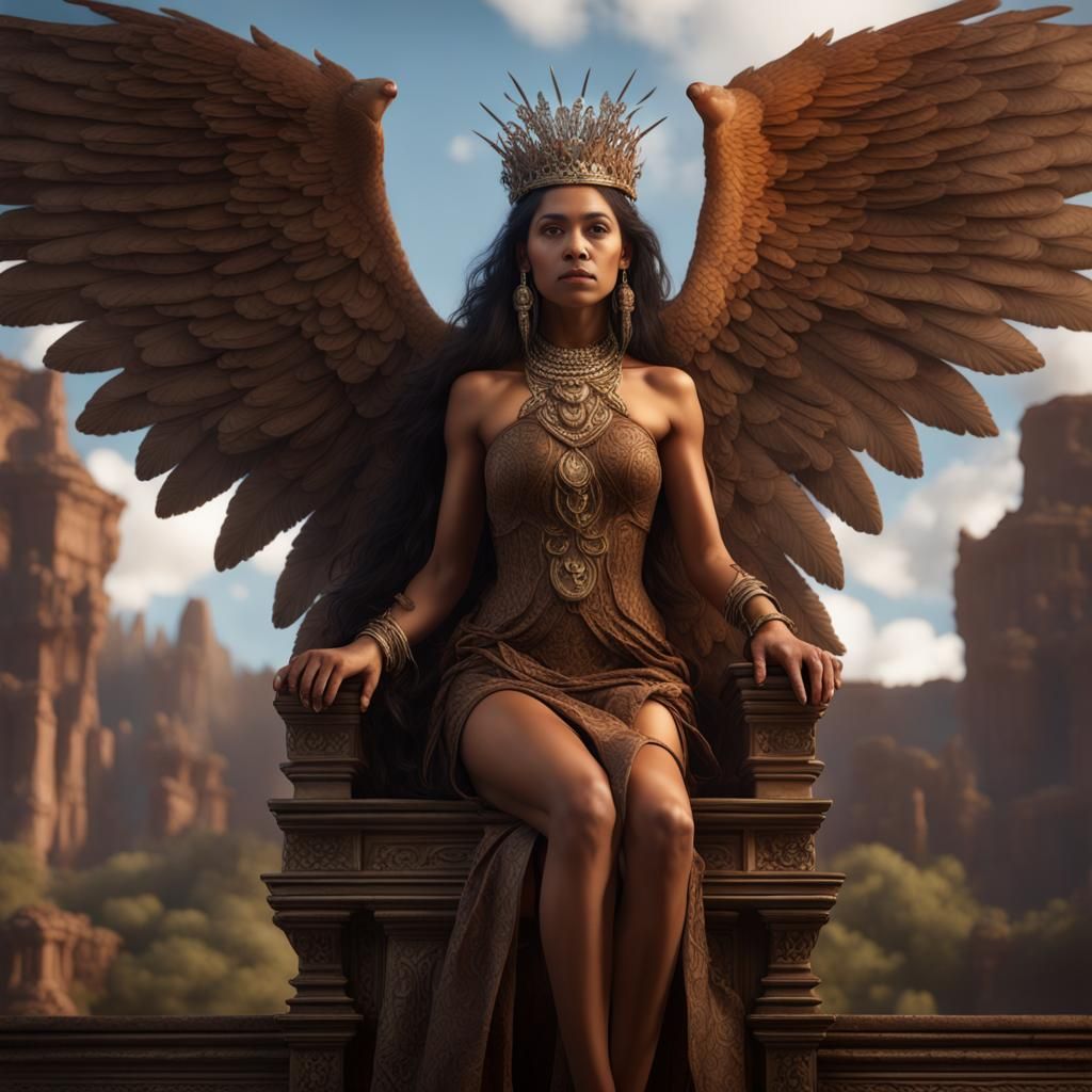 Amerindian Woman with Wings on Scaled Throne