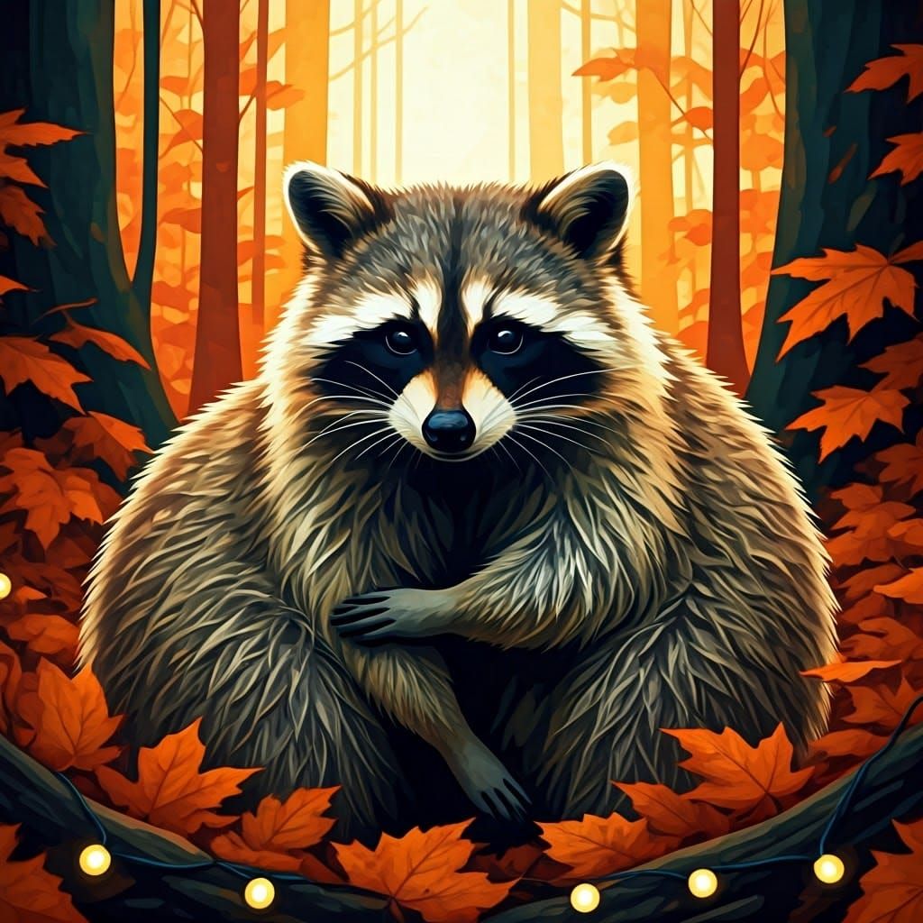 Raccoons Embrace in Autumn Forest Ink Splatter Art