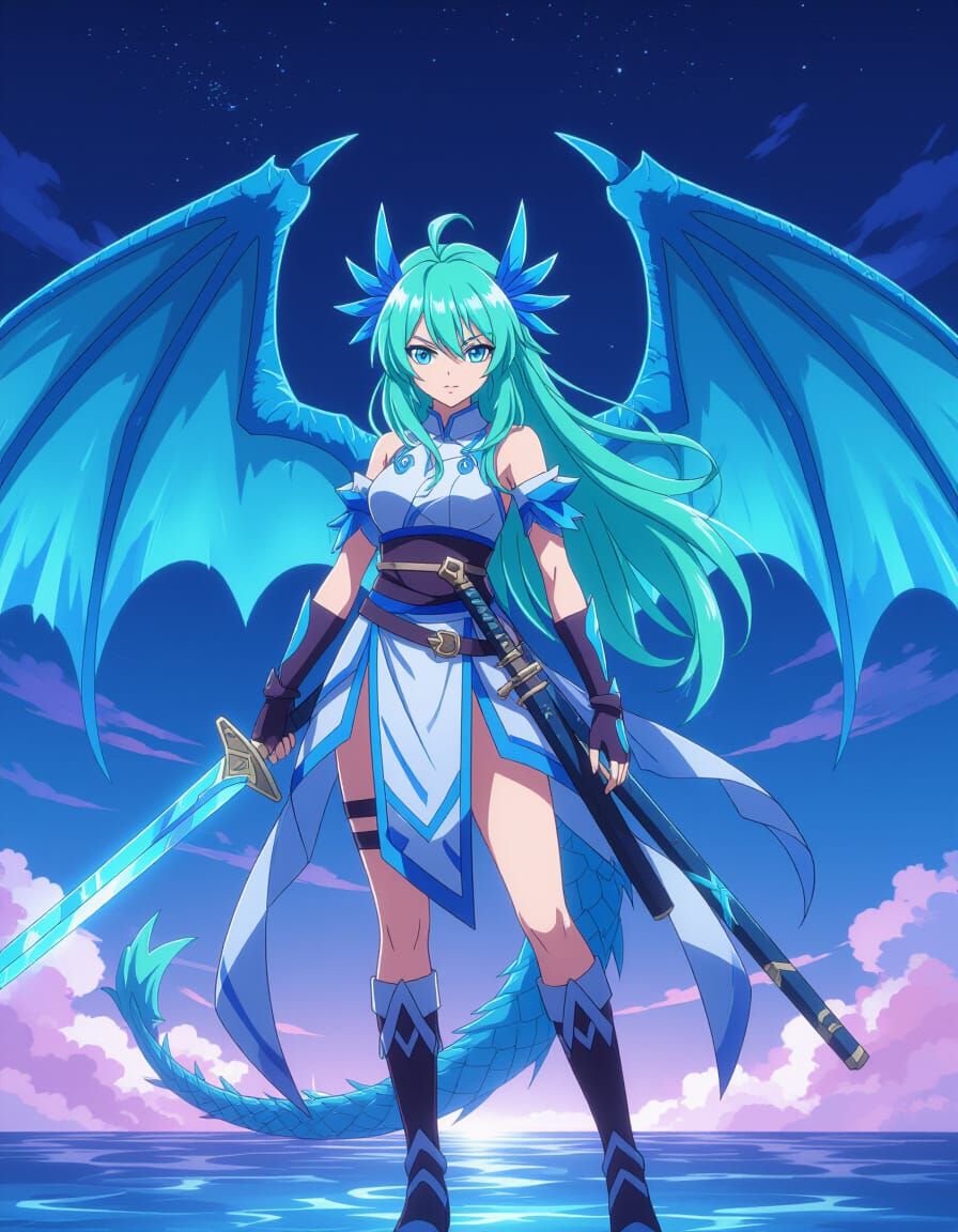 Anime Woman With Blue Dragon Wings and Katana