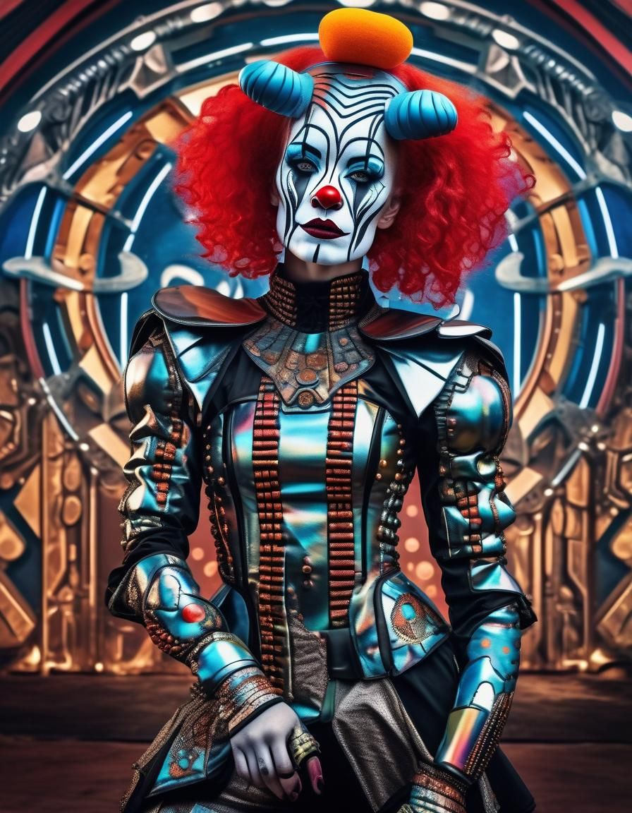 Futuristic Cyborg Clown Woman in Biomechanical Armor