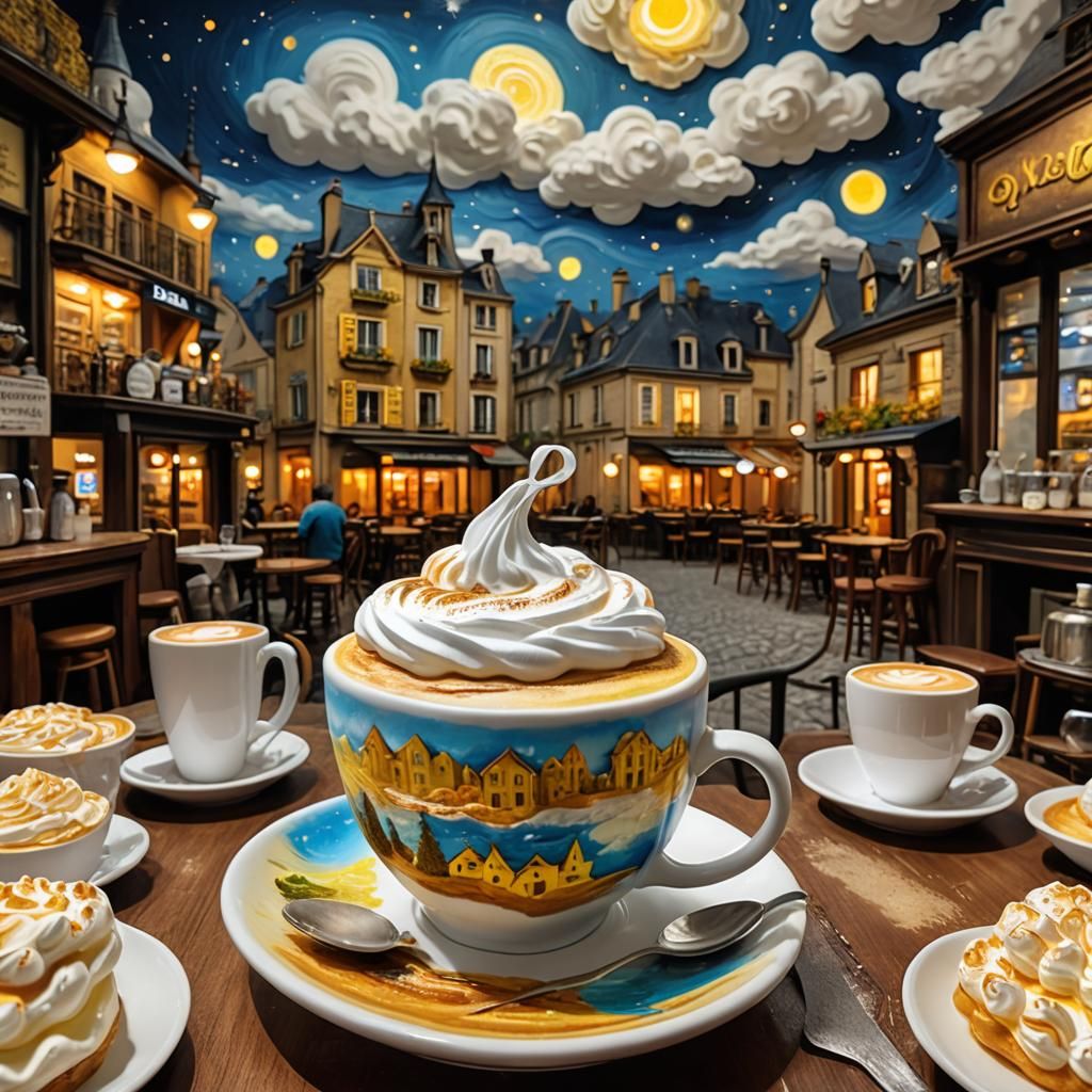 Surreal Cappuccino Cafe in Van Gogh Style