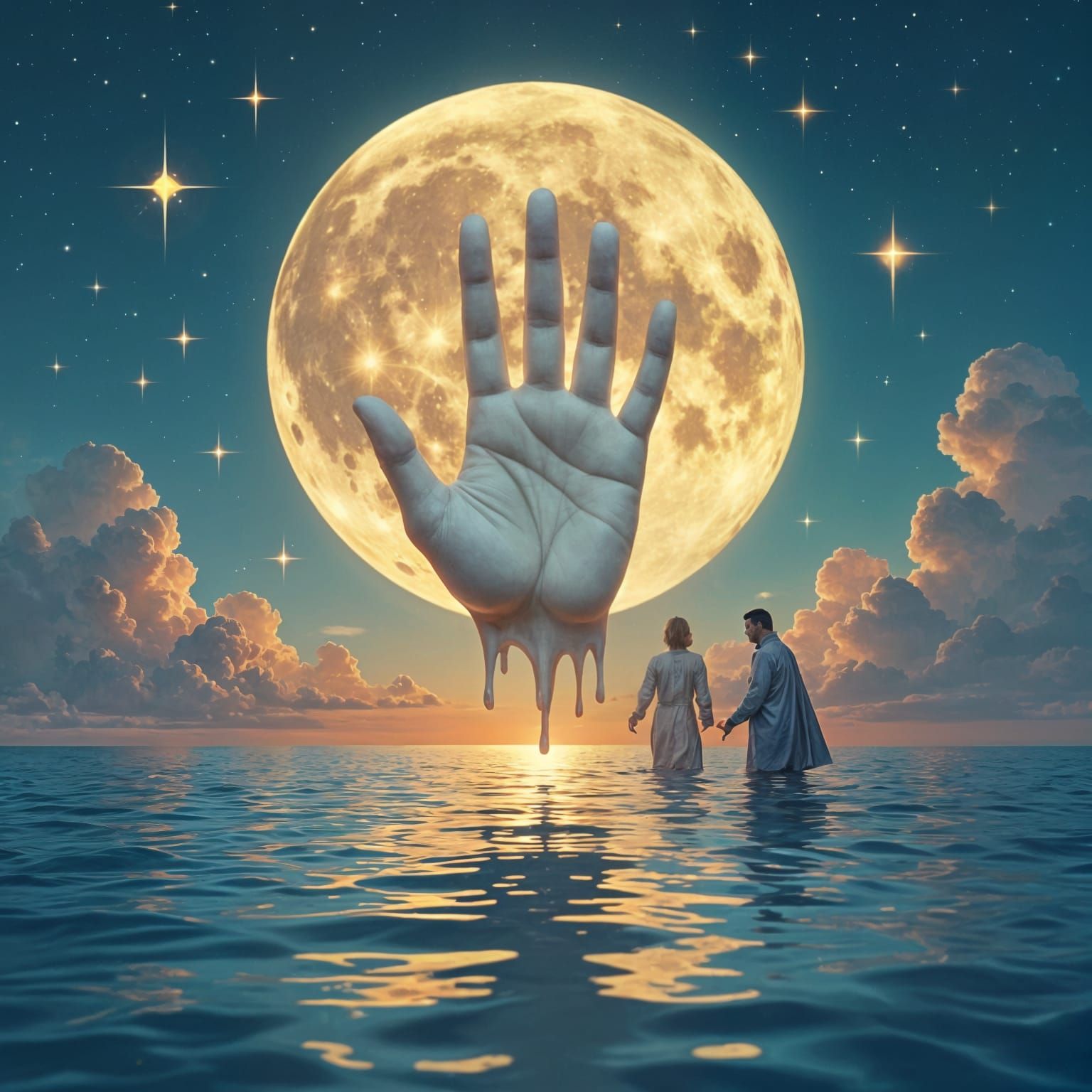 Surreal Melting Hand Above Moonlit Ocean Dreamscape