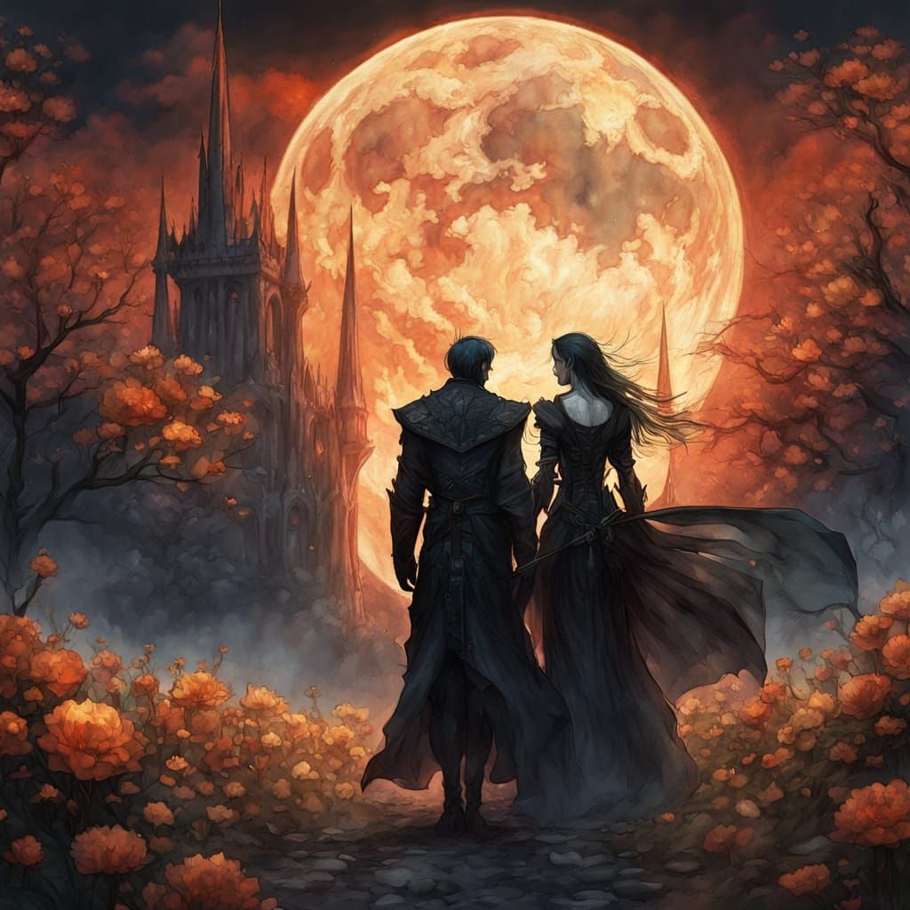 Spectral Vampire Couple in Moonlit Garden