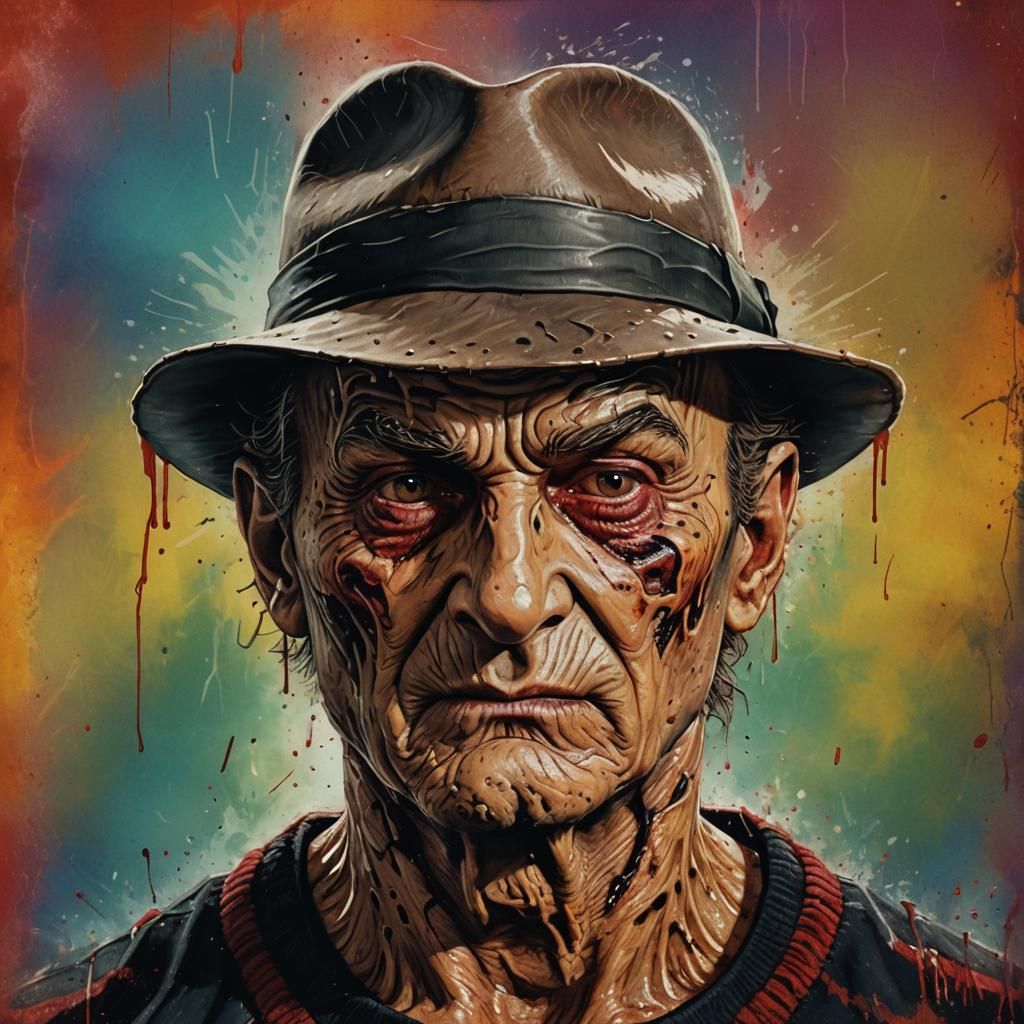 Hyperrealistic Freddy Krueger Mugshot in Splash Art Style