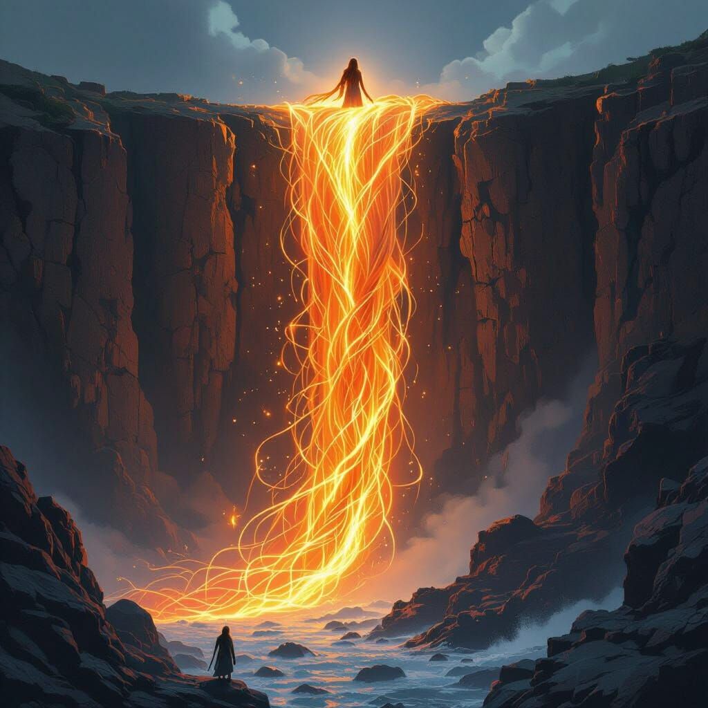 Fiery Red Hair Cascades Down Cliffs with Sea Mother