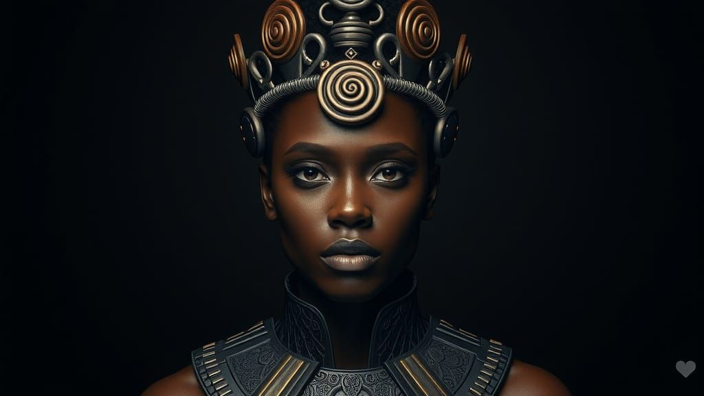 Afro-Futurist Celestial Warrior Queen Portrait in Metallic S...