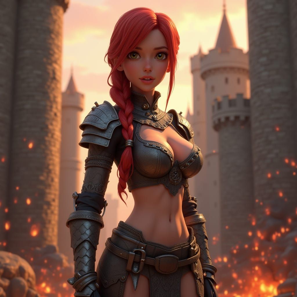 Sensual Red Sonja Battles Dragon in Fantasy Realm