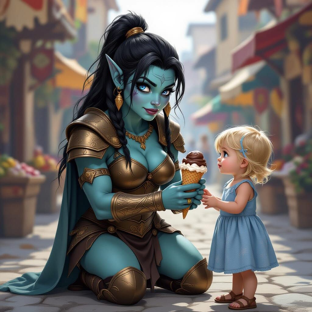 Gentle Ogress in Spartan Armor Offers Ice Cream