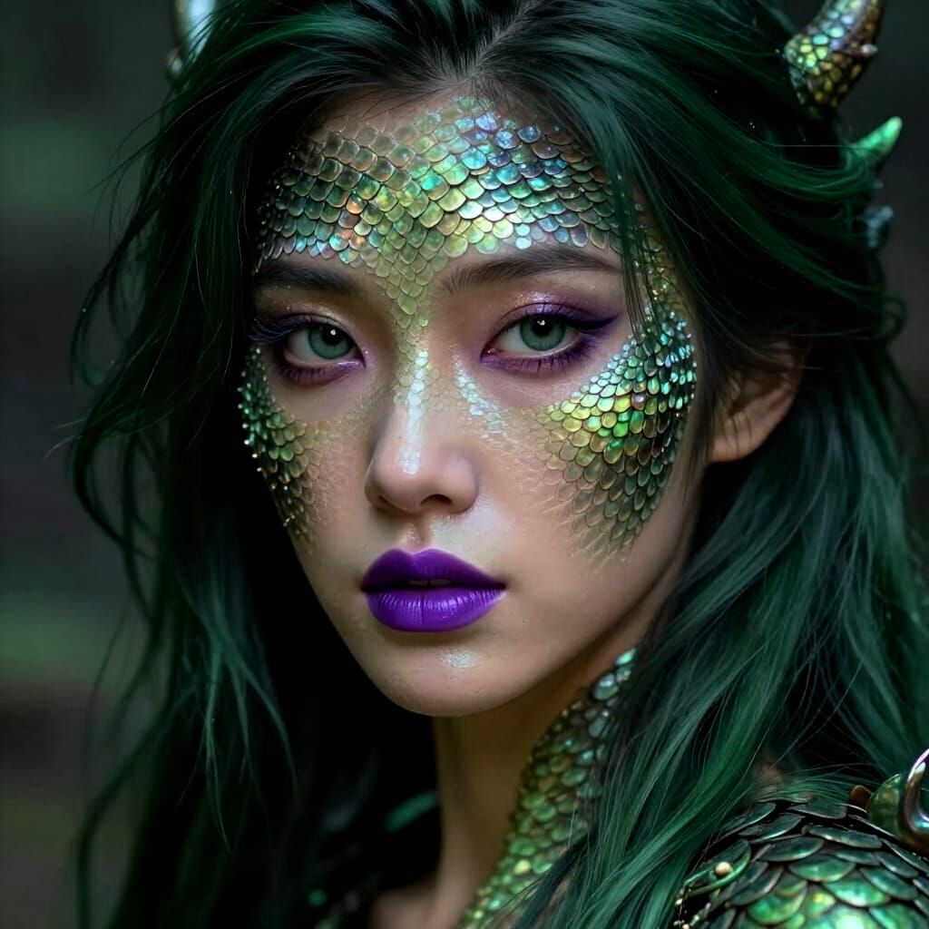 Dragonlike Woman Portrait with Iridescent Scales and Snake E...