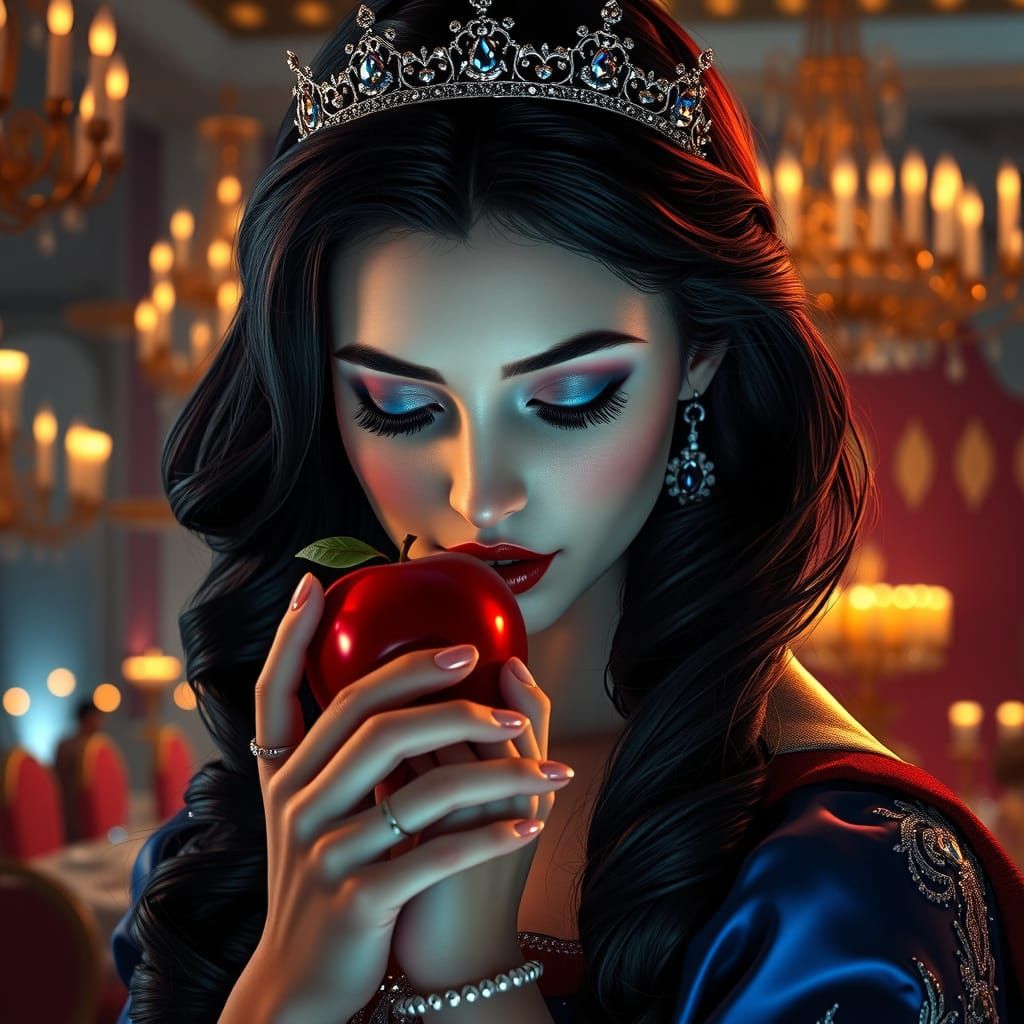 Enchanting Princess Bites into a Red Apple in a Grand Ballro...