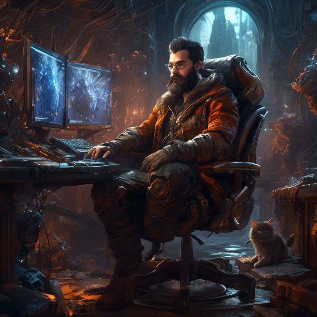 System Administrator with Cat, Detailed Matte Painting