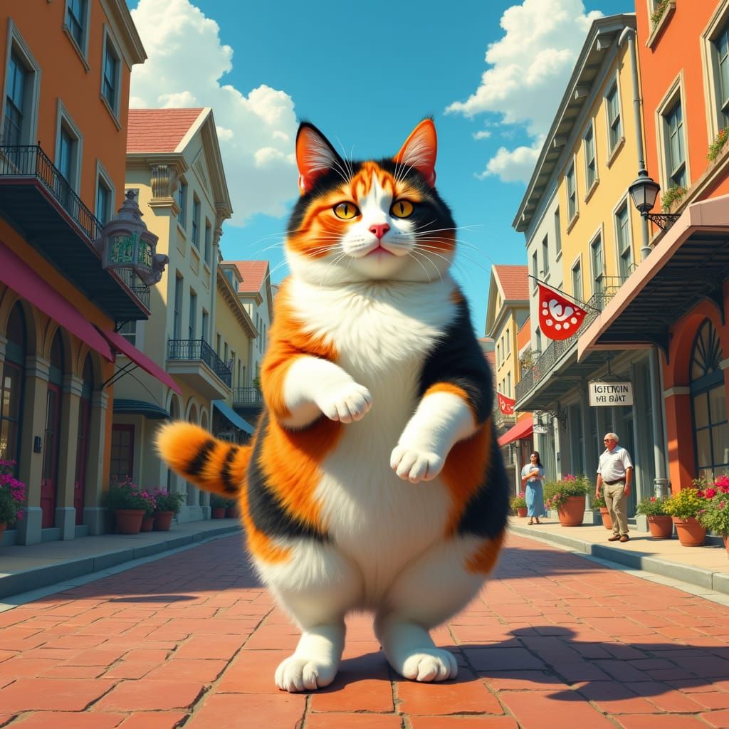 Calico Cat's Joyful Dance Through Columbia Streets
