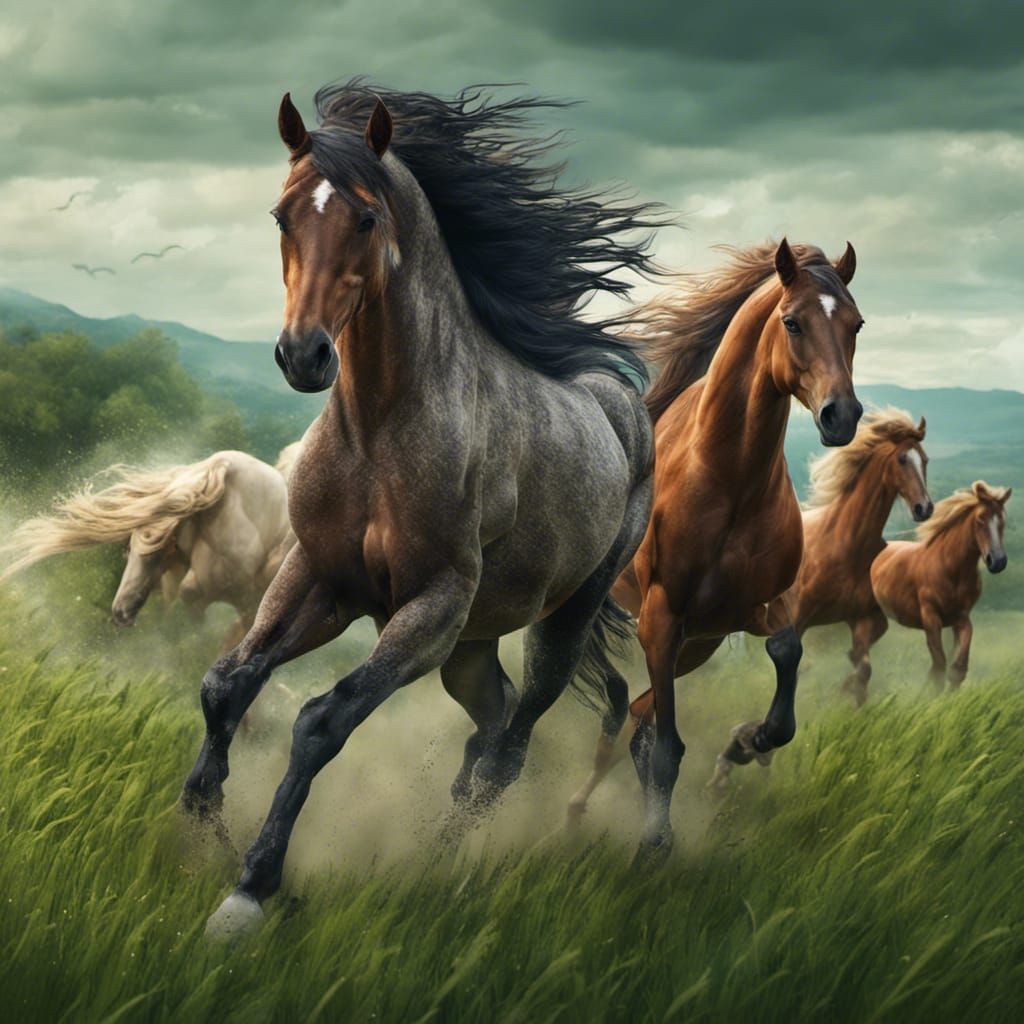 extremely detailed, intensely beautiful horses, long beautiful manes, tails, running through a pasture of tall green gra...