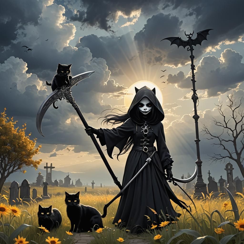 Goth Girl Grim Reaper with Cat in Divine Light