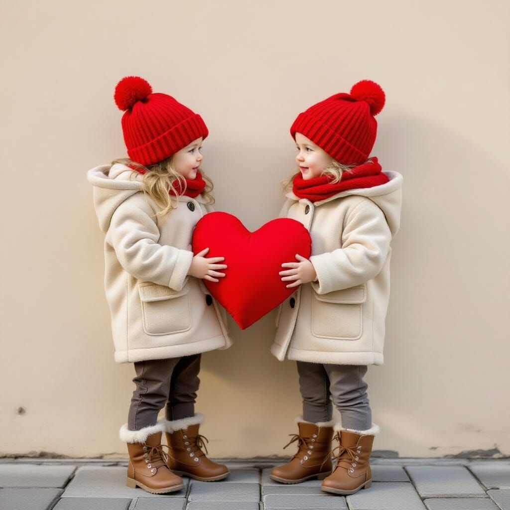 Children in Wool Coats by Old Wall Holding Heart Pillow