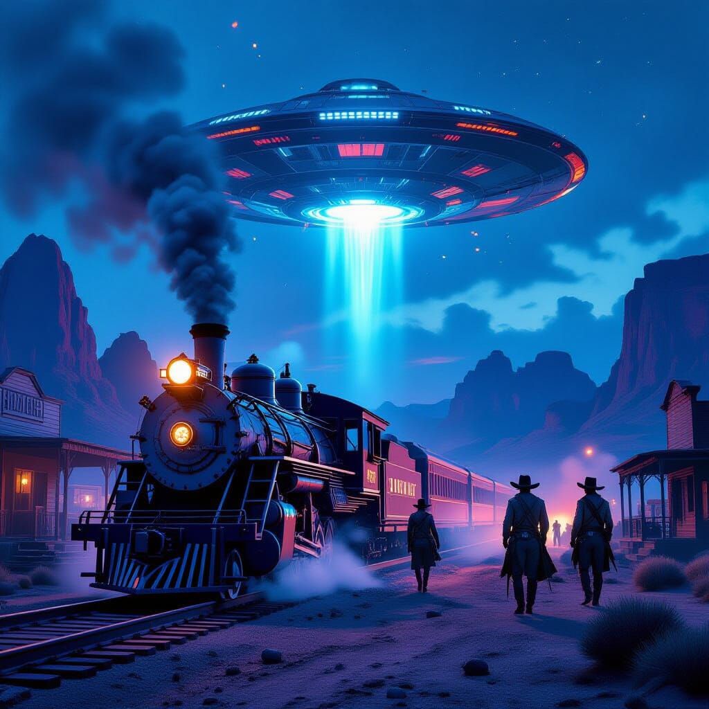 Wild West Train Robbery Under Cyberpunk Alien Sky