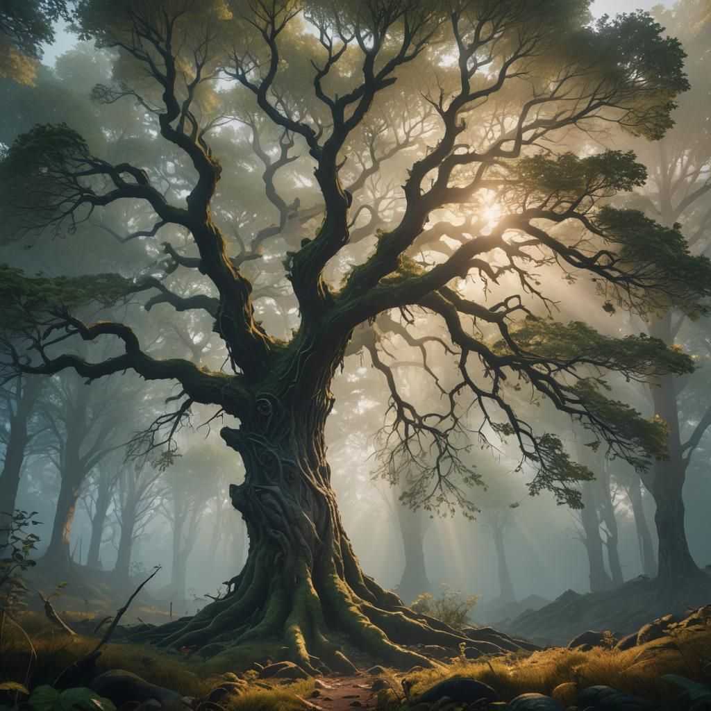 Mystical Tree in Misty Forest at Dawn