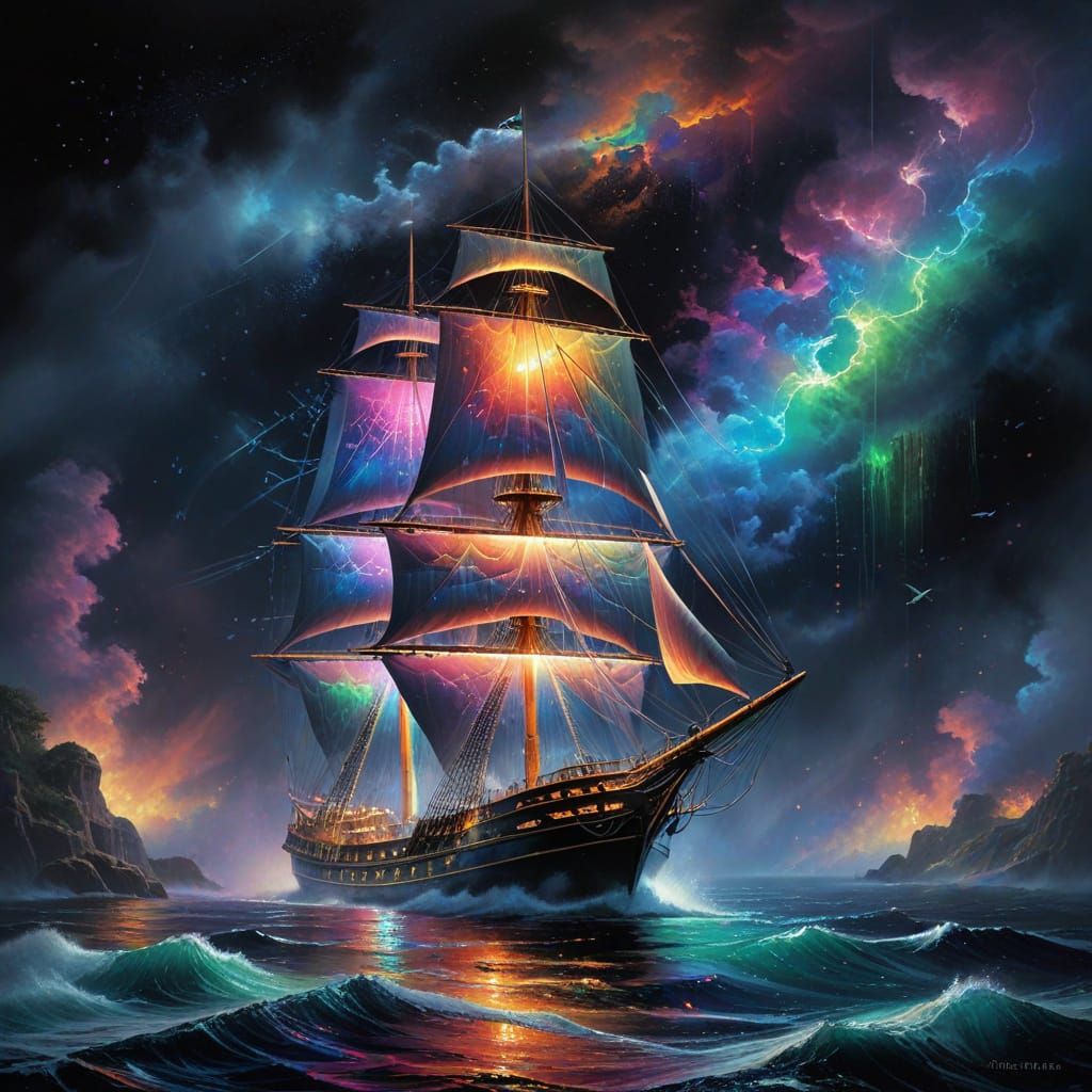 Glowing Rainbow Sailing Ship in Ethereal Mist