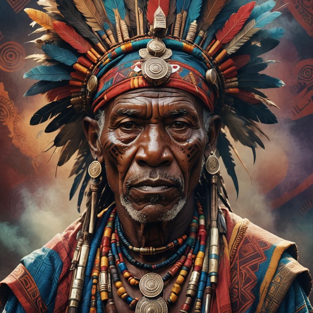 Bantu Tribesman Portrait in Geometrical Afrofuturism