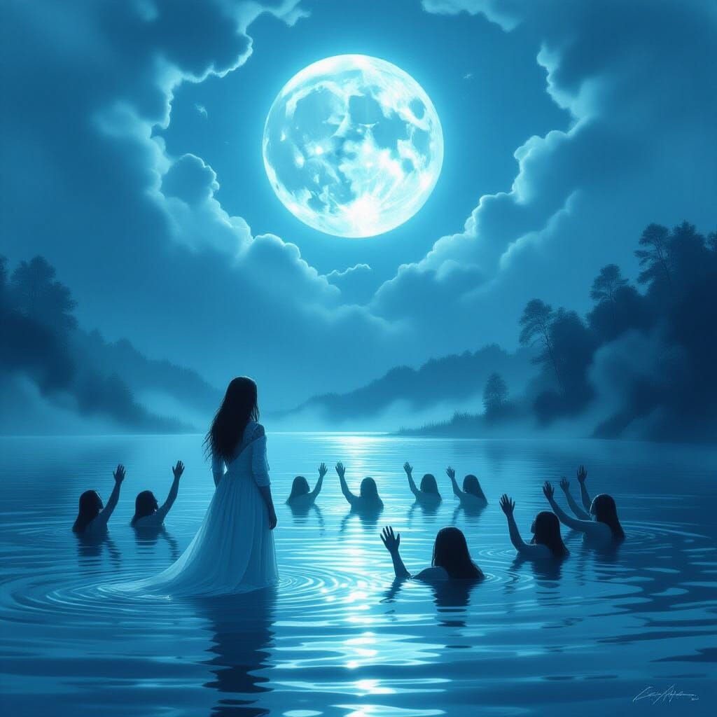Spectral Choir Beckons Woman to Moonlit Lake