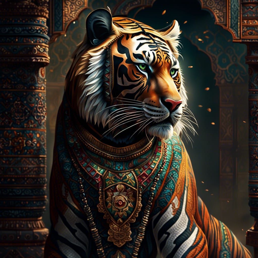 Tiger in Traditional Indian Garb: Digital Painting