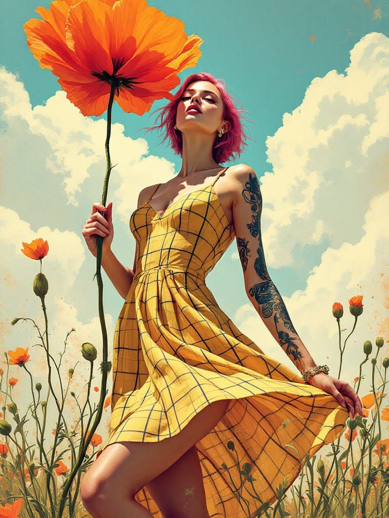 Woman With Giant Poppy in Vintage Art Deco Style