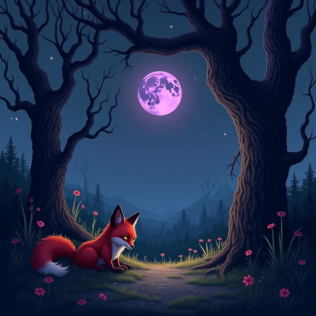 Mystical Purple Moon Landscape with Fox Illustration