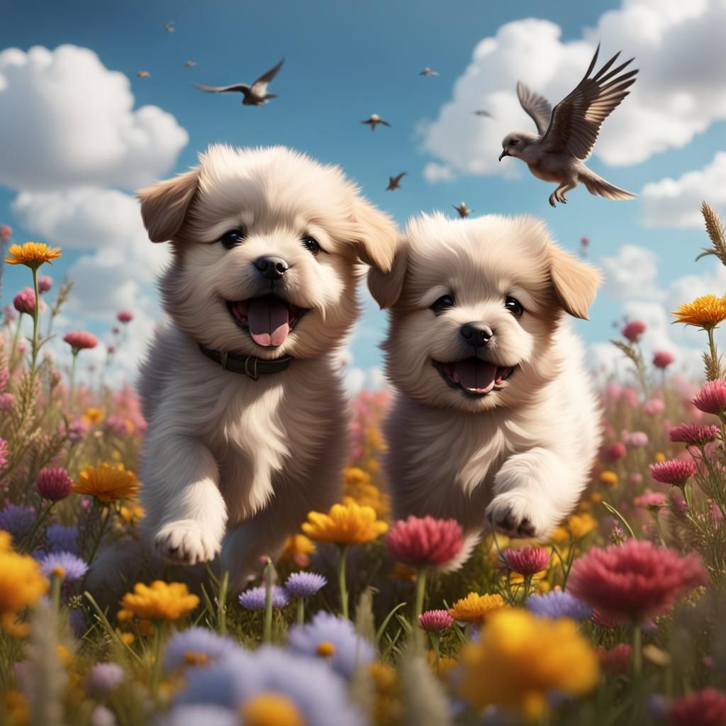 Fluffy Puppies Play in Flower Field: Matte Painting